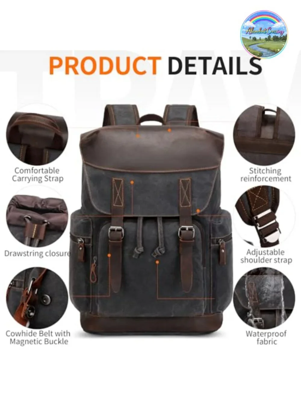 Waxed Canvas Leather Backpack Laptop 17.3 Inch Men Travel Rucksack